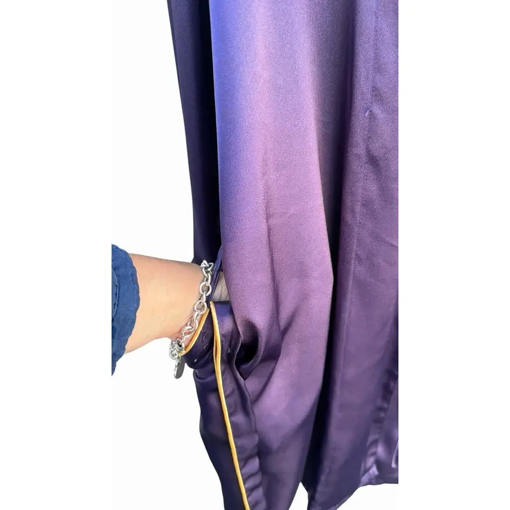 Victoria's Secret Satin Kimono Robe XL Dark Purple Gold Trim Long Belted Pockets